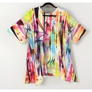 Et’ Lois 2X Tunic Top Colorful Abstract Art Knit Asymmetrical Lagenlook Blouse